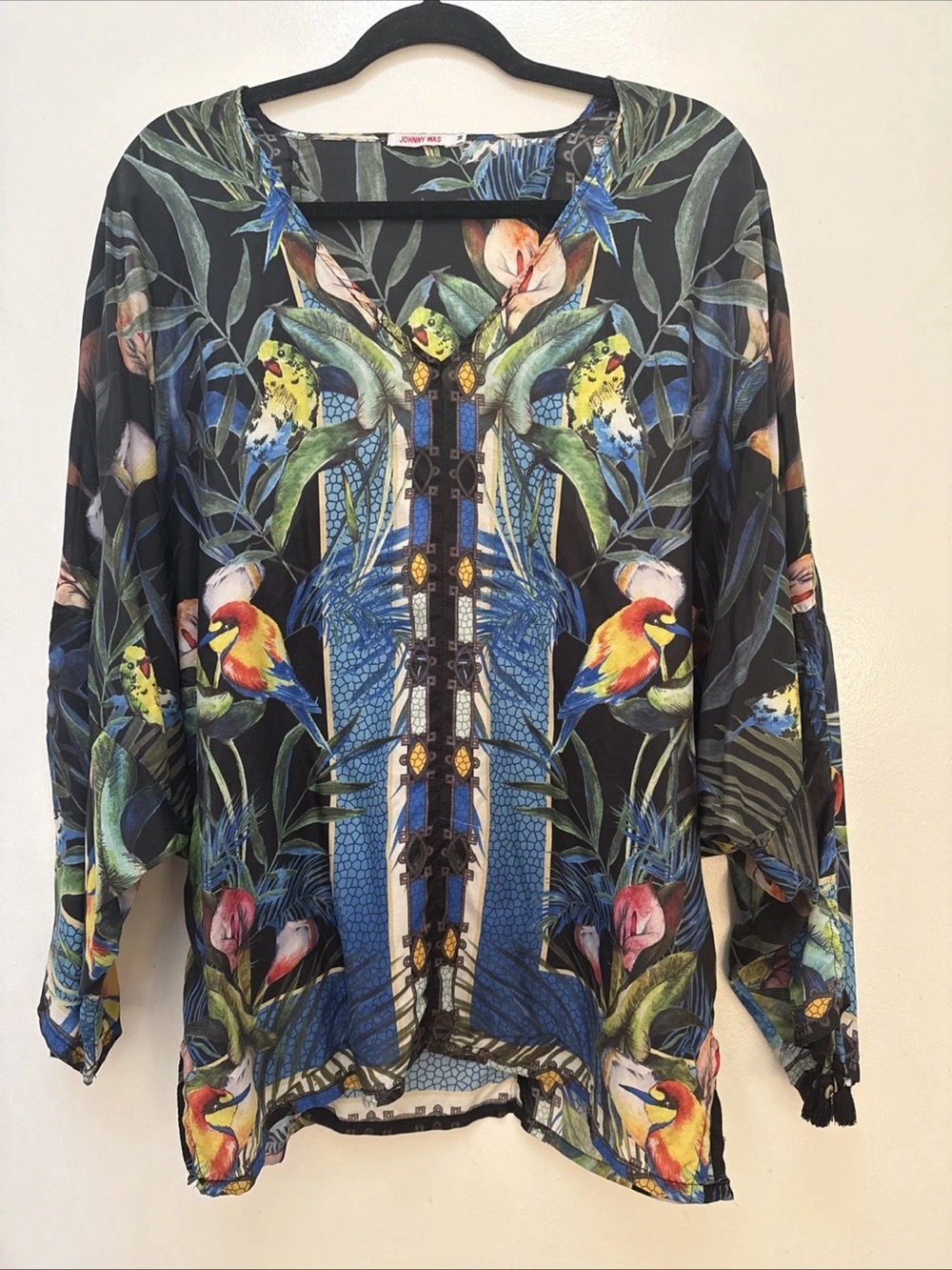 Johnny Was Black Multicolor Tropical Bird Print Blouse